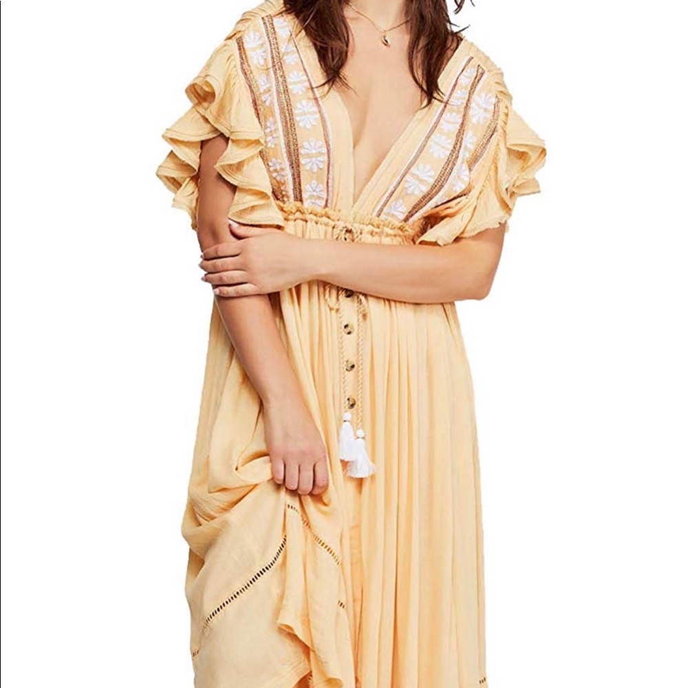 Free people embroidered button down midi dress.